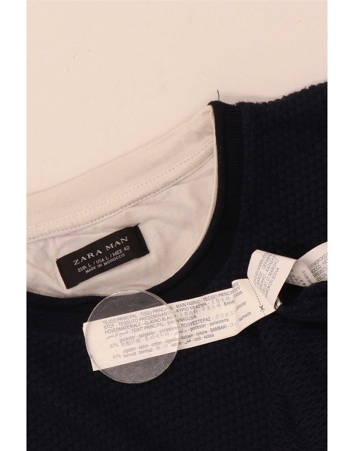 Zara Herren-Pullover mit Rundhalsausschnitt, groß, marineblaues Polyester