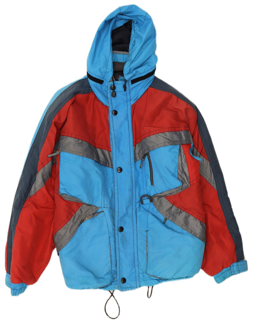 Vintage Herren Skijacke mit Kapuze UK 38 Mittelblaues Colourblock-Polyamid