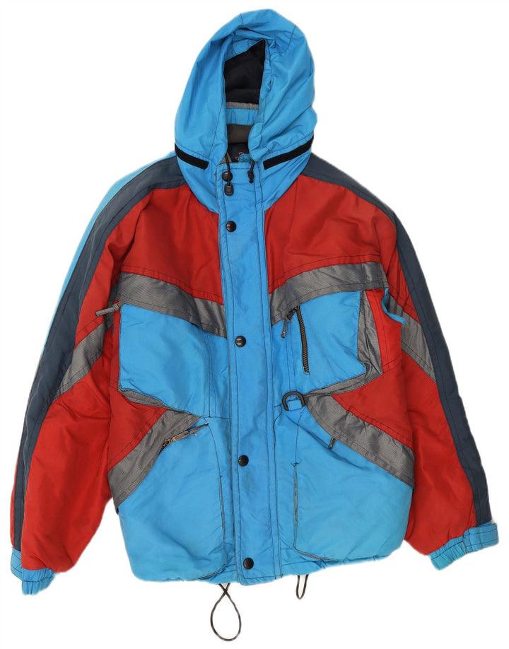 Vintage Herren Skijacke mit Kapuze UK 38 Mittelblaues Colourblock-Polyamid