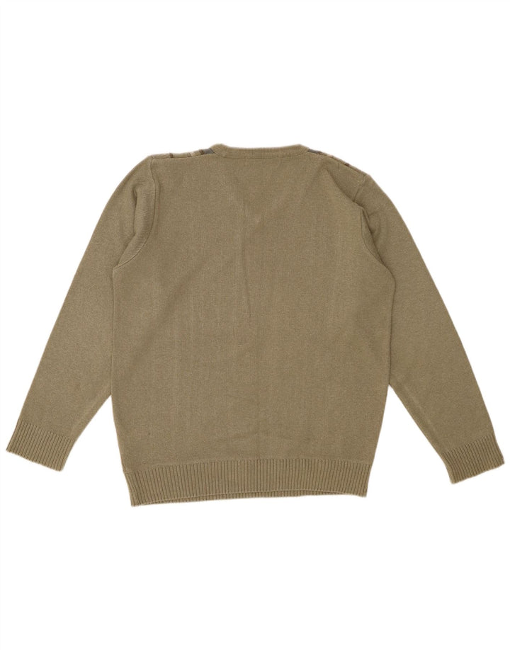 EWM Herren-Pullover mit V-Ausschnitt, klein, Khaki, gestreift, Baumwolle