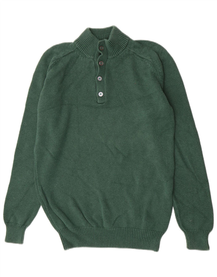 Massimo Dutti Herren-Pullover mit Knopfkragen, groß, grüne Baumwolle