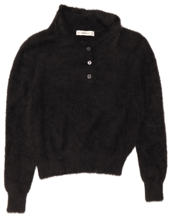 Zara Damen Crop Polo Neck Pullover Pullover UK 10 Small Schwarz Nylon