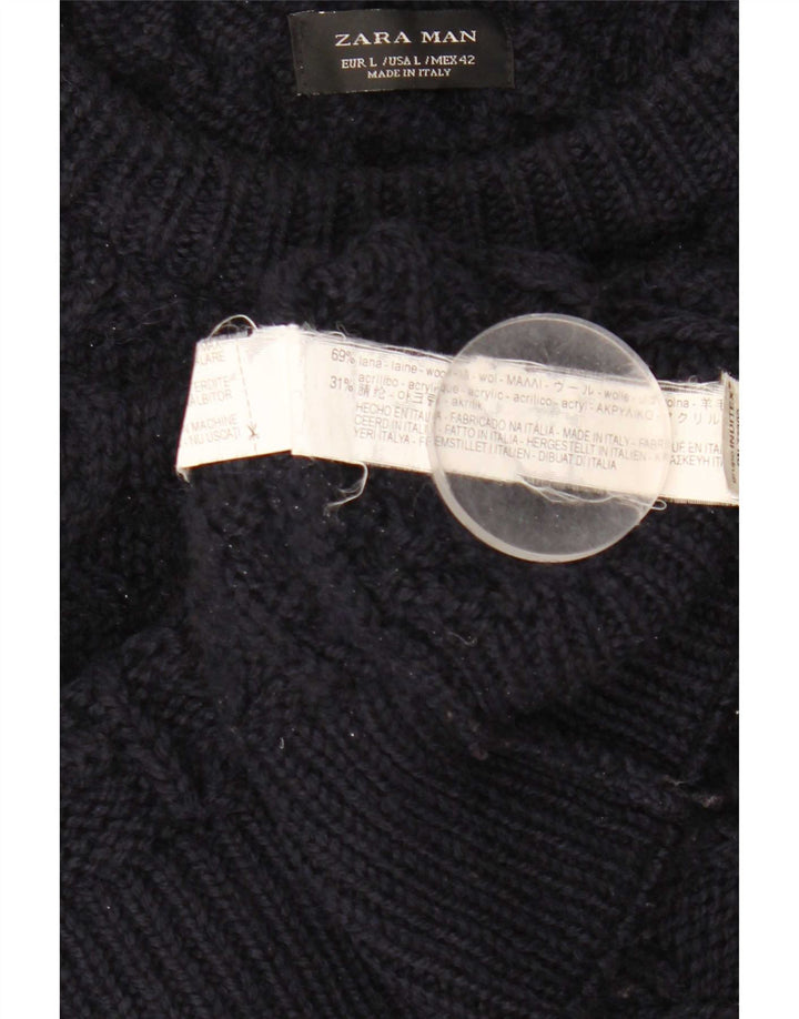 Zara Herren-Pullover mit U-Boot-Ausschnitt, groß, marineblaue Wolle
