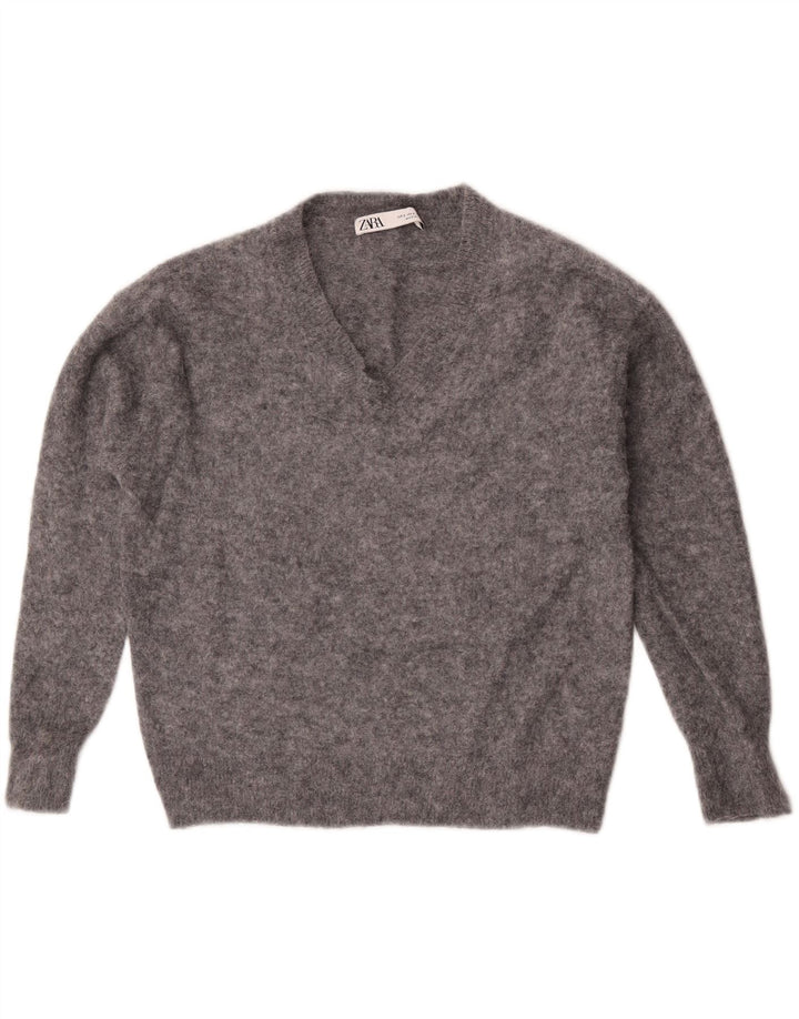 Zara Damen-Pullover, übergroß, V-Ausschnitt, Gr. 10, Größe S, Grau meliert