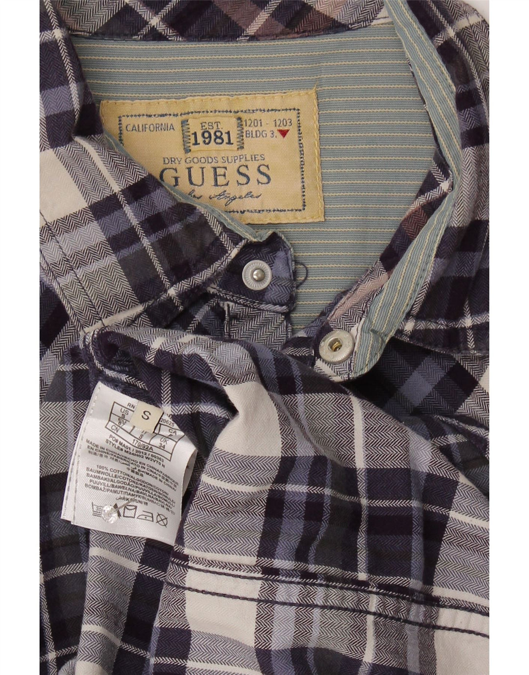 GUESS Mens Shirt Small Navy Blue Check Cotton Vintage Guess and Second-Hand Guess from Messina Hembry 