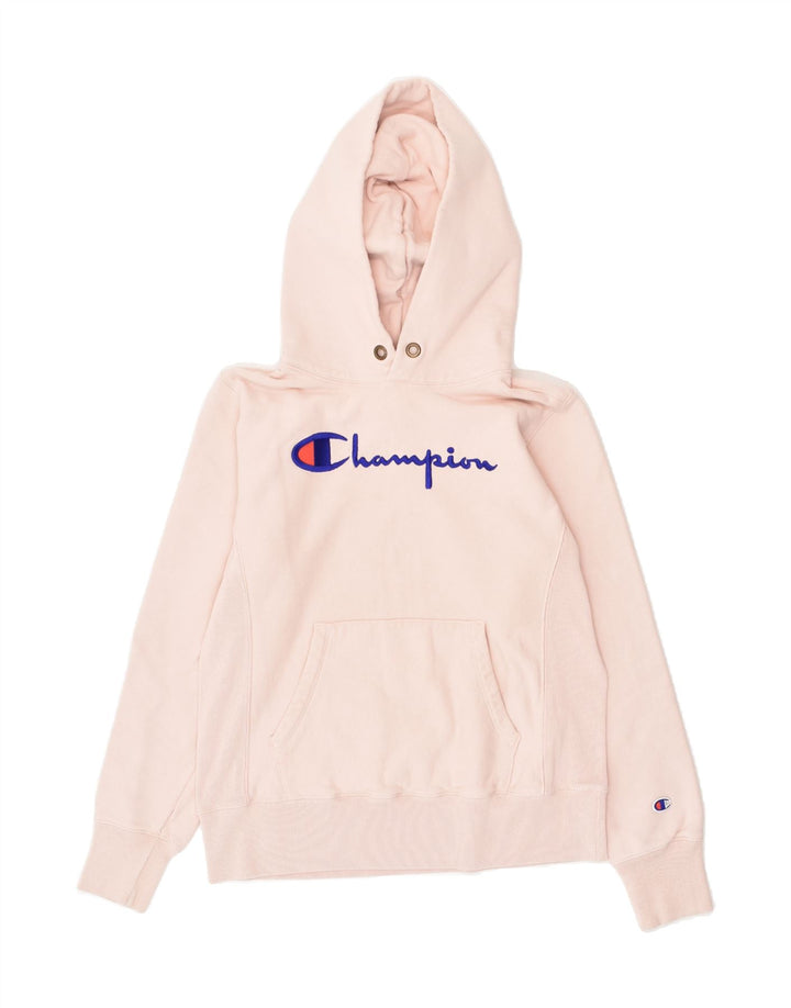 CHAMPION Womens Graphic Hoodie Jumper UK 16 Large Pink Cotton | Vintage Champion | Thrift | Second-Hand Champion | Used Clothing | Messina Hembry 