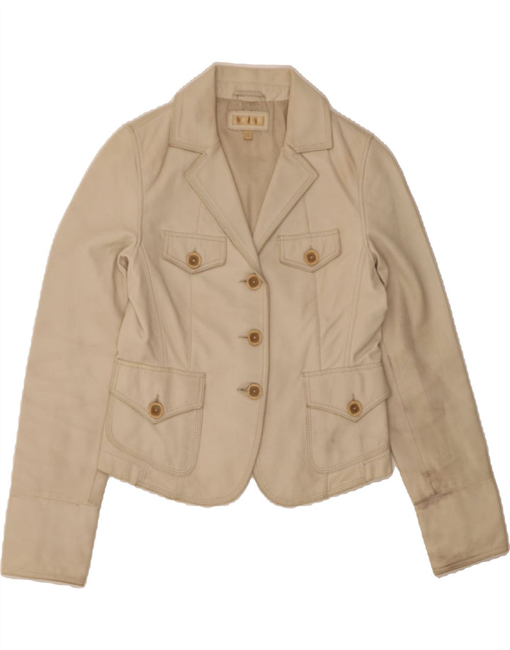 VINTAGE Womens Leather 3 Button Blazer Jacket UK 12 Medium Beige Vintage Vintage and Second-Hand Vintage from Messina Hembry 