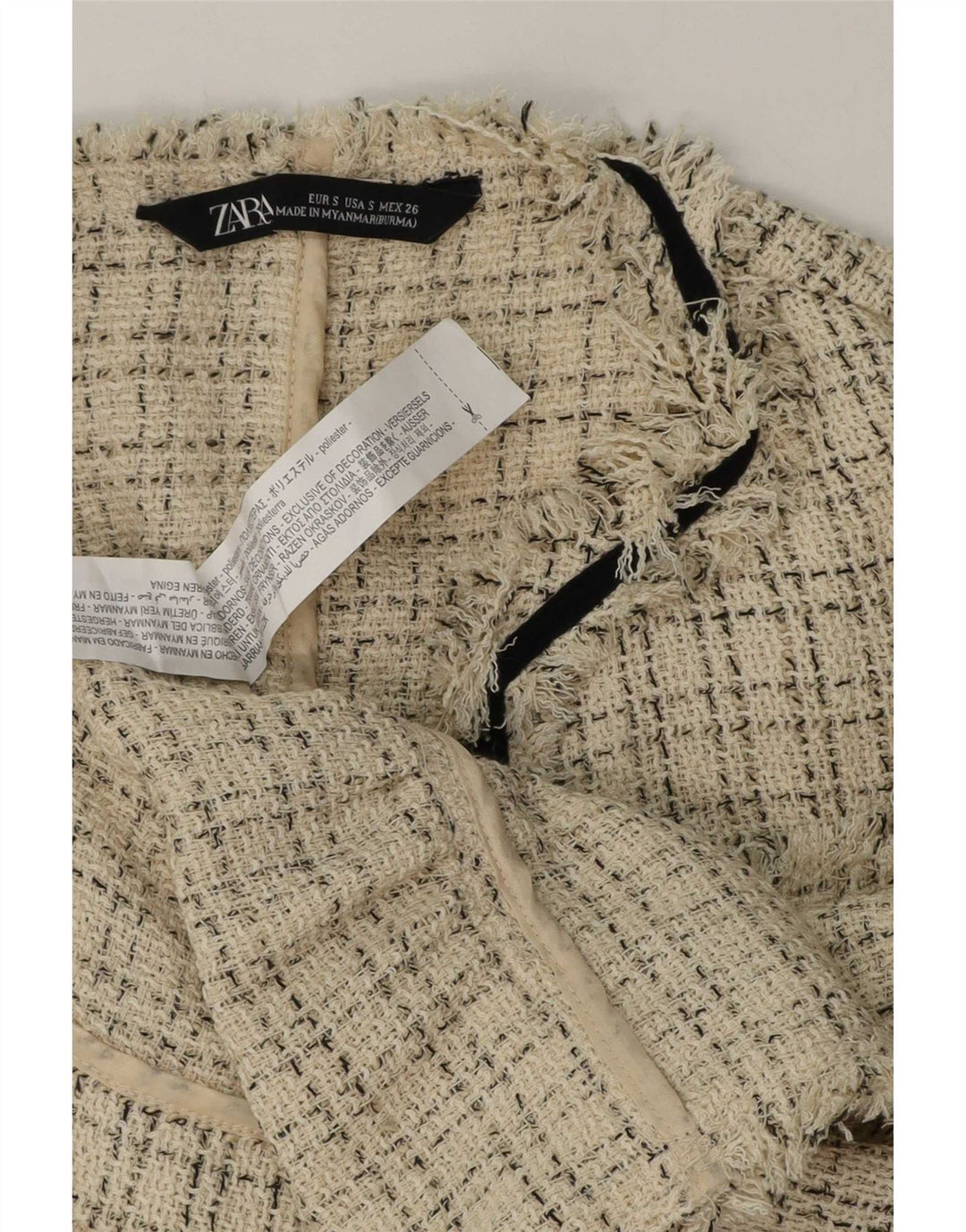 Offene Blazerjacke für Damen von Zara, Gr. 10, Größe S, beige, kariert, Polyester