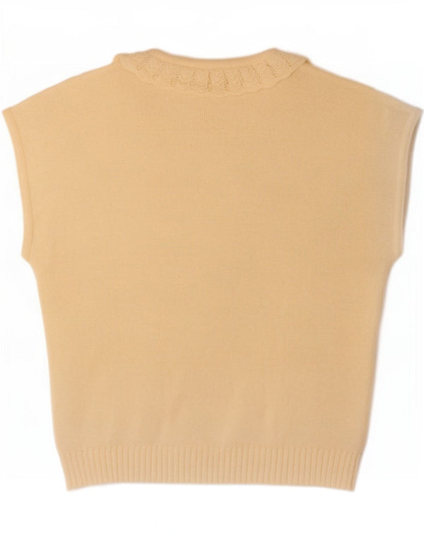 Vintage Damen Kurzarmpullover mit V-Ausschnitt UK 12 Medium Beige