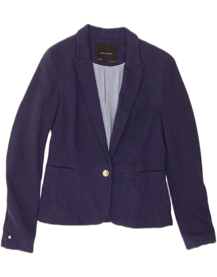 Zara Damen Crop 1-Knopf-Blazerjacke UK 16 Große marineblaue Baumwolle