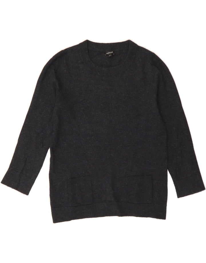 JAEGER Womens 3/4 Sleeve Crew Neck Jumper Sweater UK 12 Medium Grey Wool Vintage Jaeger and Second-Hand Jaeger from Messina Hembry 