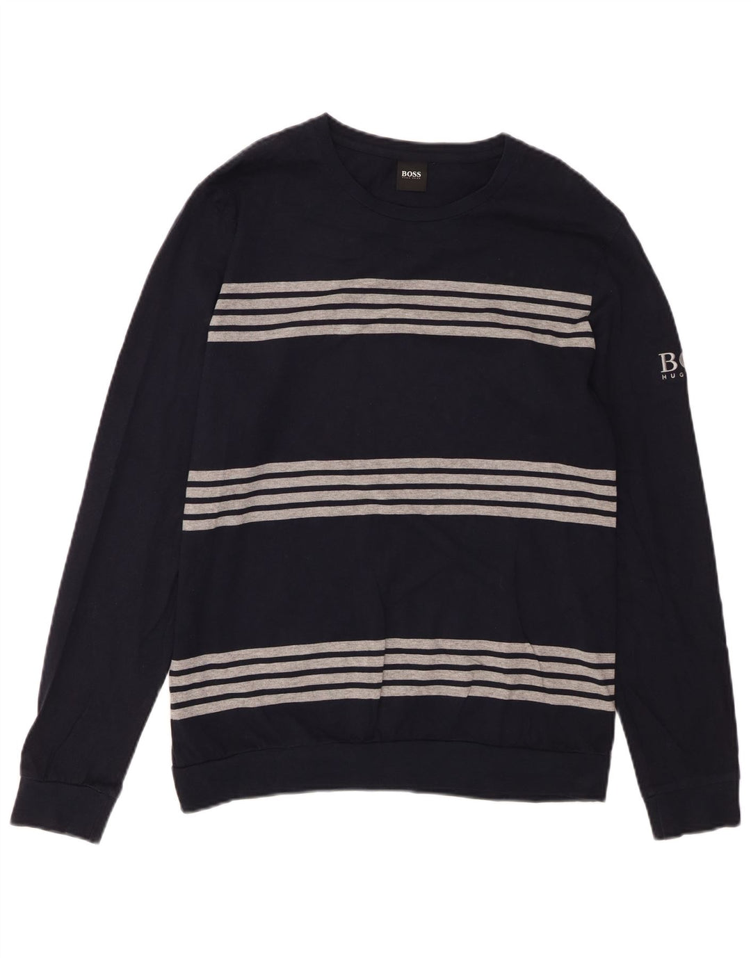 HUGO BOSS Herren-Oberteil aus Baumwolle mit langen Ärmeln, mittelmarineblau, gestreift