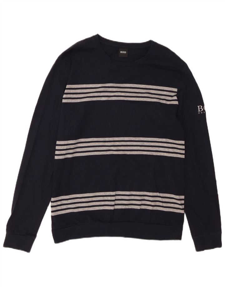 HUGO BOSS Herren-Oberteil aus Baumwolle mit langen Ärmeln, mittelmarineblau, gestreift