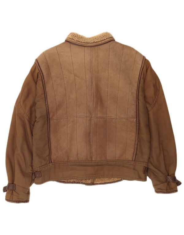 Vintage Damen Sherpa Übergroße Lederjacke IT 46 Large Braun