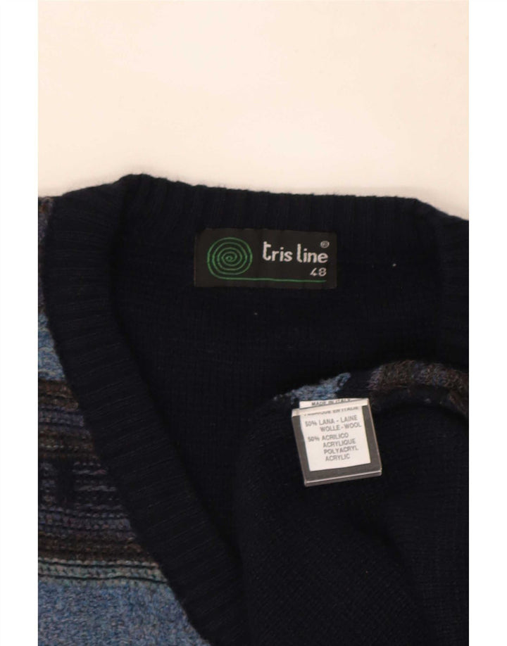 Tris Line Herren-Pullover mit V-Ausschnitt, Größe 48, mittelblau, gestreift, Wolle