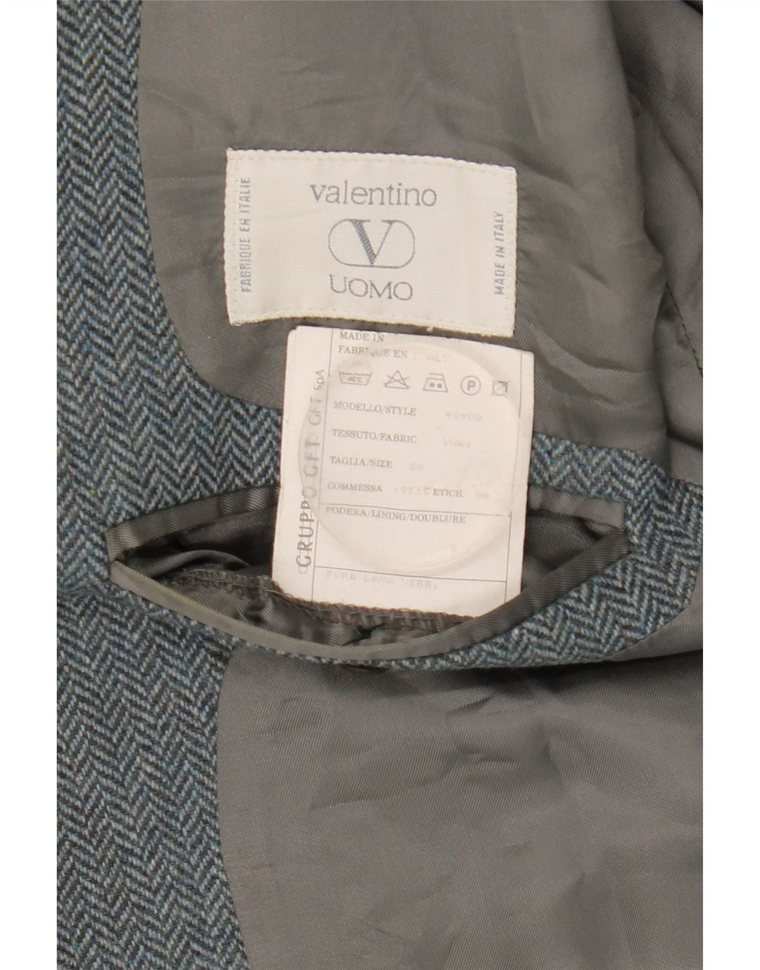 Valentino Herren-Blazer mit 2 Knöpfen, IT 50, große graue Wolle mit Fischgrätenmuster
