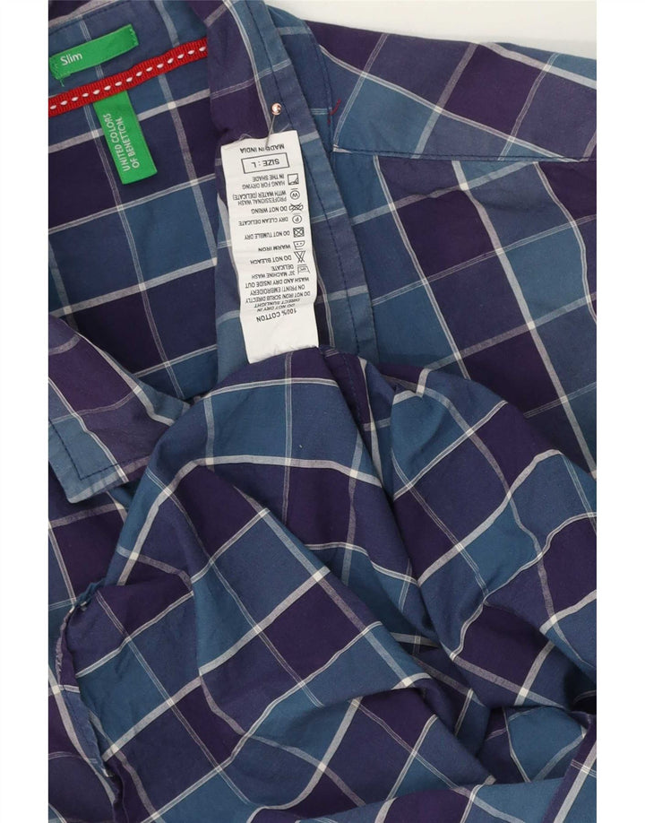 Benetton Slim-Hemd für Herren, groß, marineblau, kariert, Baumwolle