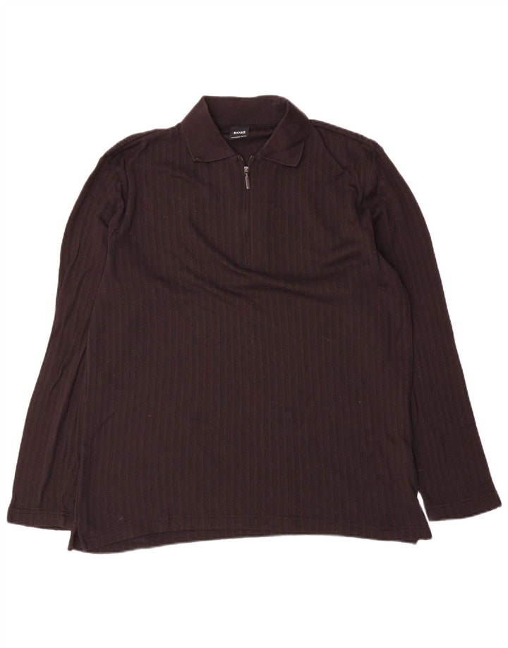 Hugo Boss Herren-Langarm-Poloshirt aus mittelbraun gestreifter Baumwolle