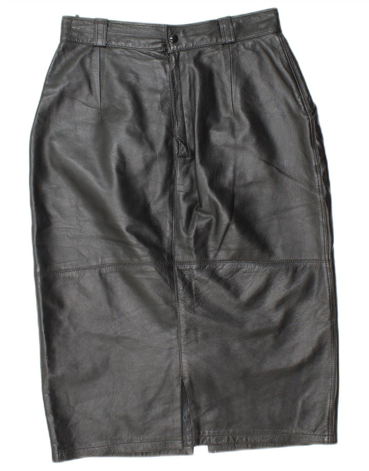 VINTAGE Damen Lederrock mit hoher Taille IT 44 Medium W26 Schwarzes Leder