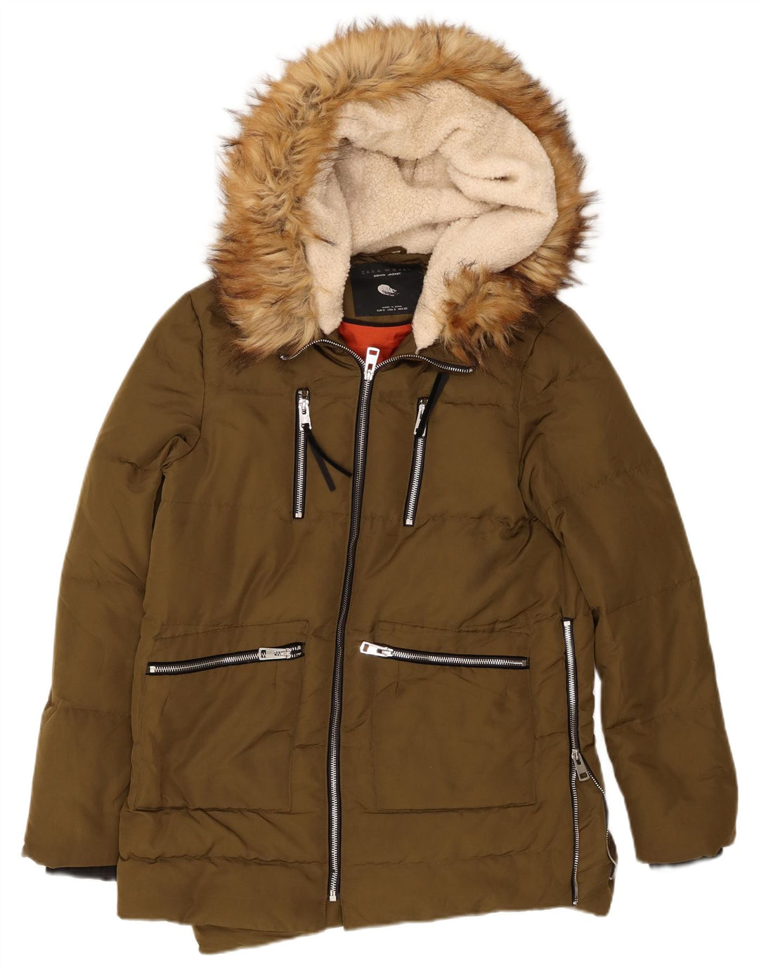 Zara Damen-Jacke mit Kapuze, gepolstert, UK 10, Größe S, Khaki, Polyester