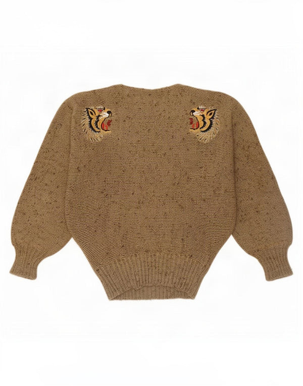 Vintage Damen Pullover mit U-Boot-Ausschnitt, UK 10, kleiner beigefarbener Tierdruck