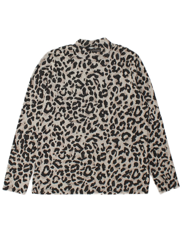 Oasis Damen Top Langarm UK 14 Mittelgraues Polyester mit Animal-Print