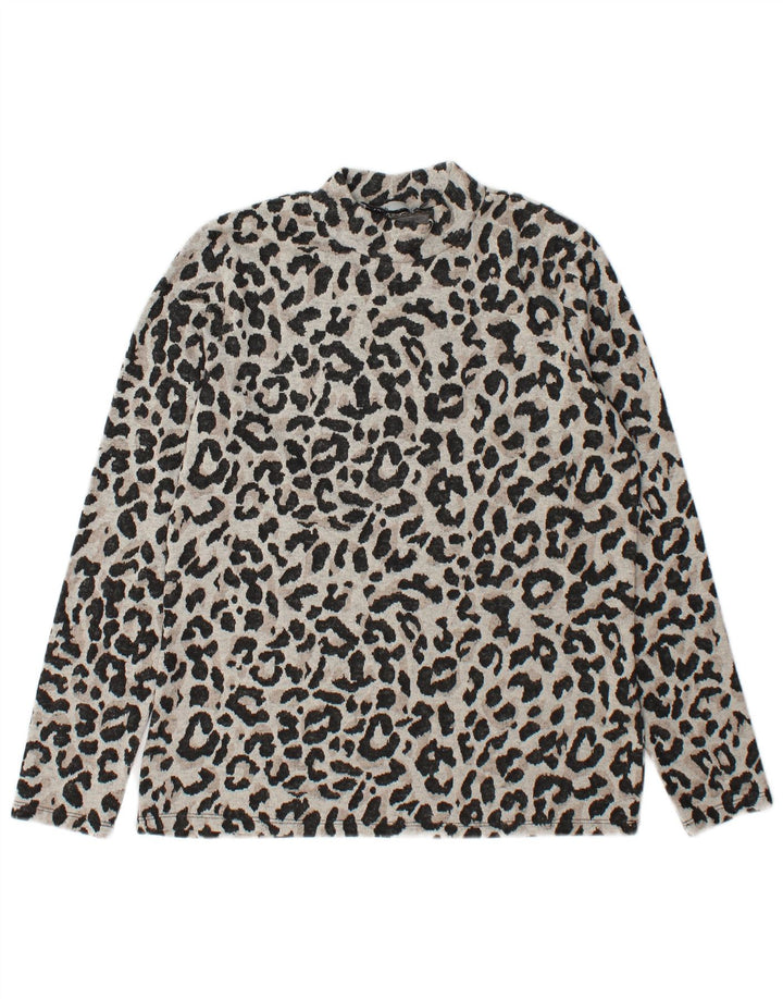 Oasis Damen Top Langarm UK 14 Mittelgraues Polyester mit Animal-Print