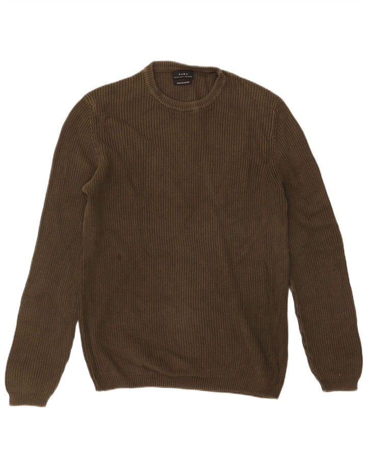 Zara Herren-Pullover mit Rundhalsausschnitt, XL, Khaki, Baumwolle
