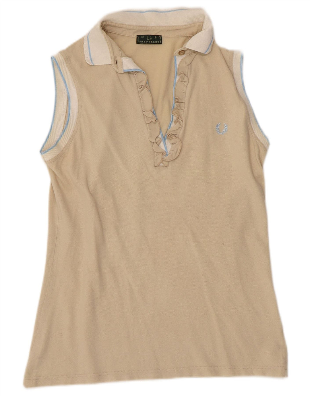 FRED PERRY Damen-Poloshirt mit Rüschen vorne, UK 14, Größe L, Beige, Farbblock