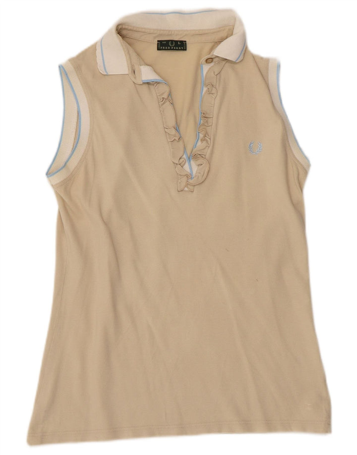FRED PERRY Damen-Poloshirt mit Rüschen vorne, UK 14, Größe L, Beige, Farbblock