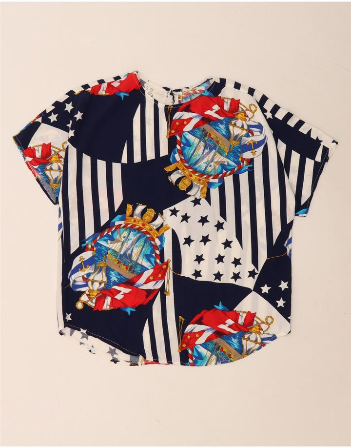 VINTAGE Damen Bluse Top UK 10/12 Medium Navy Blue Colourblock