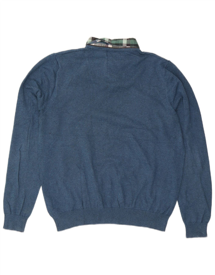 Marks & Spencer Herren-Pullover mit normaler Passform und V-Ausschnitt aus mittelblauer Baumwolle