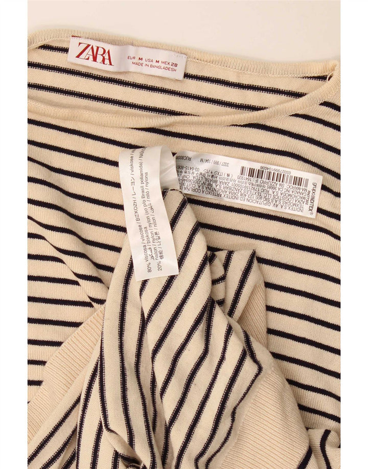 Zara Damen Top Langarm UK 14 Medium Beige Gestreifte Viskose