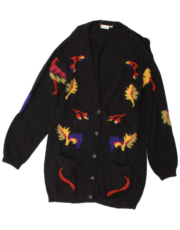Vintage Damen Longline Cardigan Pullover UK 14 Medium Schwarz Floral Neuheit