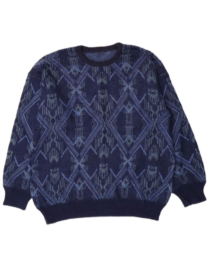 Vintage Herren Pullover mit Rundhalsausschnitt, groß, Marineblau, Fair Isle