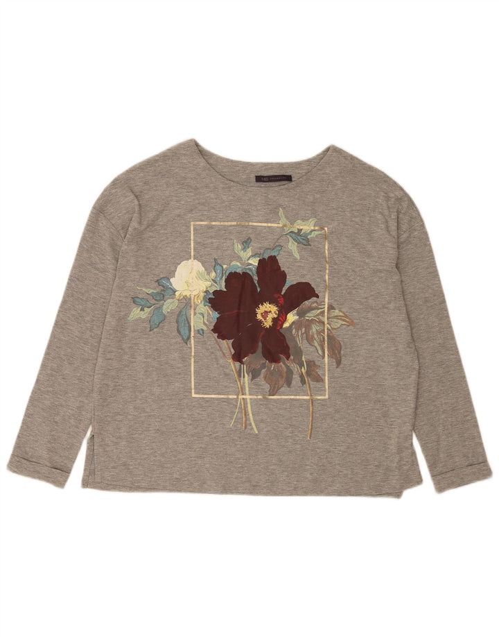 Marks & Spencer Womens Graphic Top Langarm UK 12 Mittelgrau geblümt