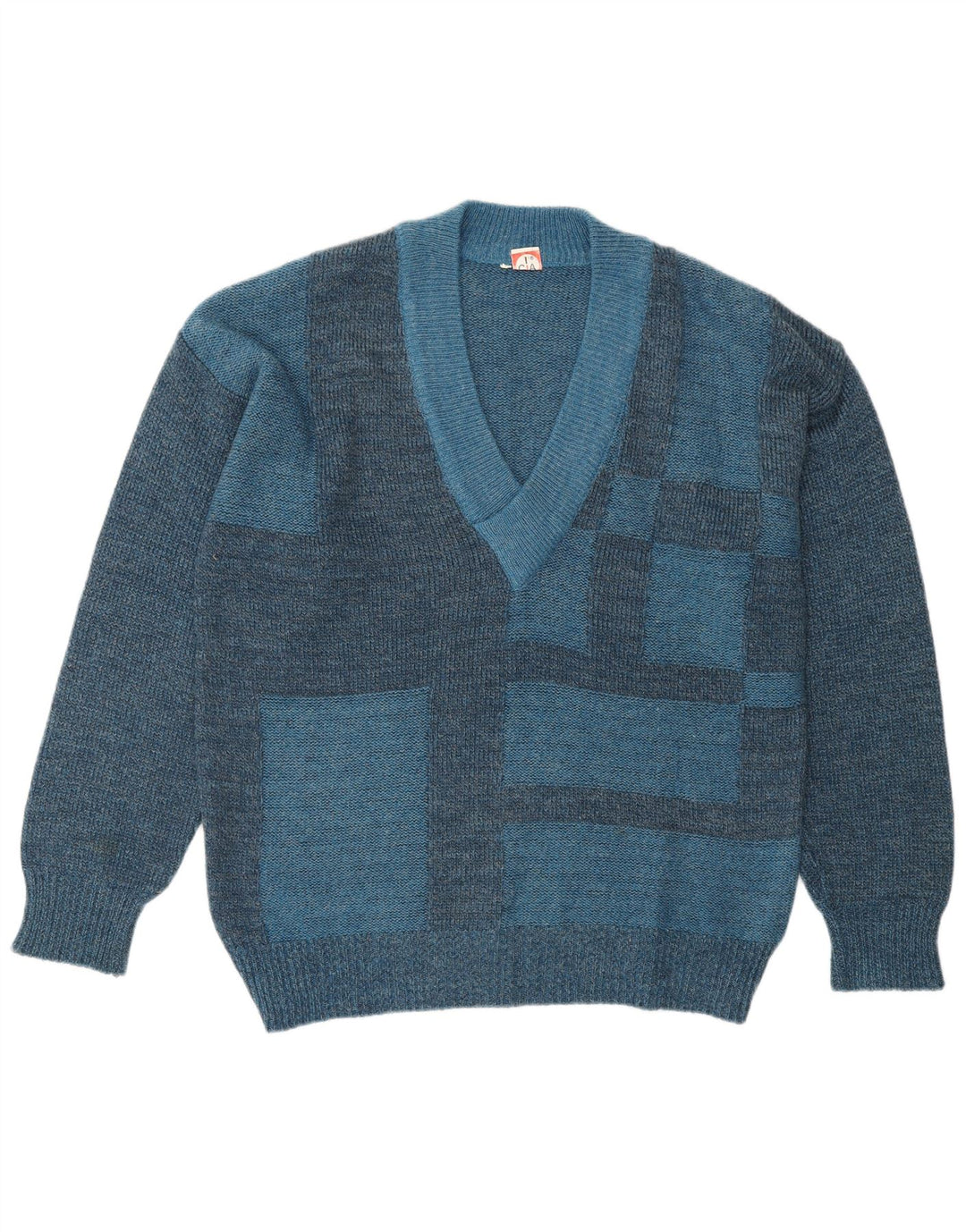VINTAGE Herren Pullover mit V-Ausschnitt IT 50 Mittelblaues geometrisches Polyacryl