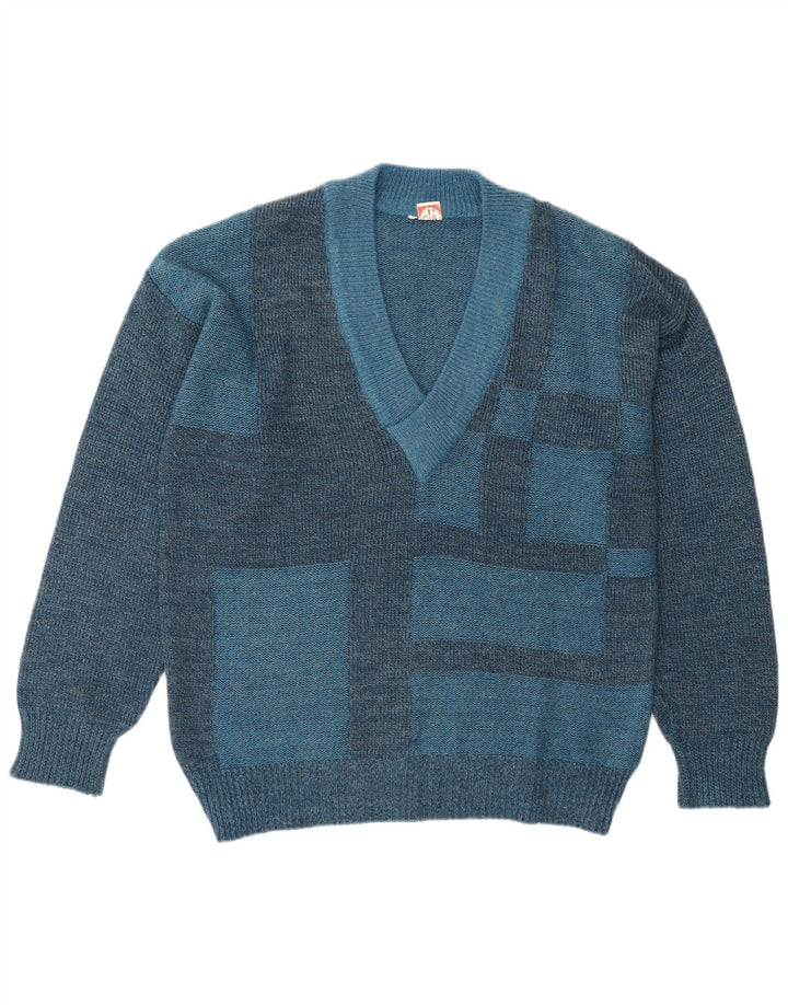 VINTAGE Herren Pullover mit V-Ausschnitt IT 50 Mittelblaues geometrisches Polyacryl