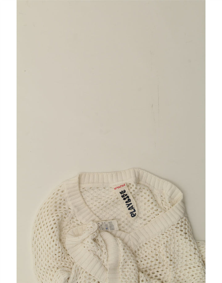 PLAYLIFE Womens V-Neck Jumper Sweater UK 14 Medium White Cotton Vintage Playlife and Second-Hand Playlife from Messina Hembry 