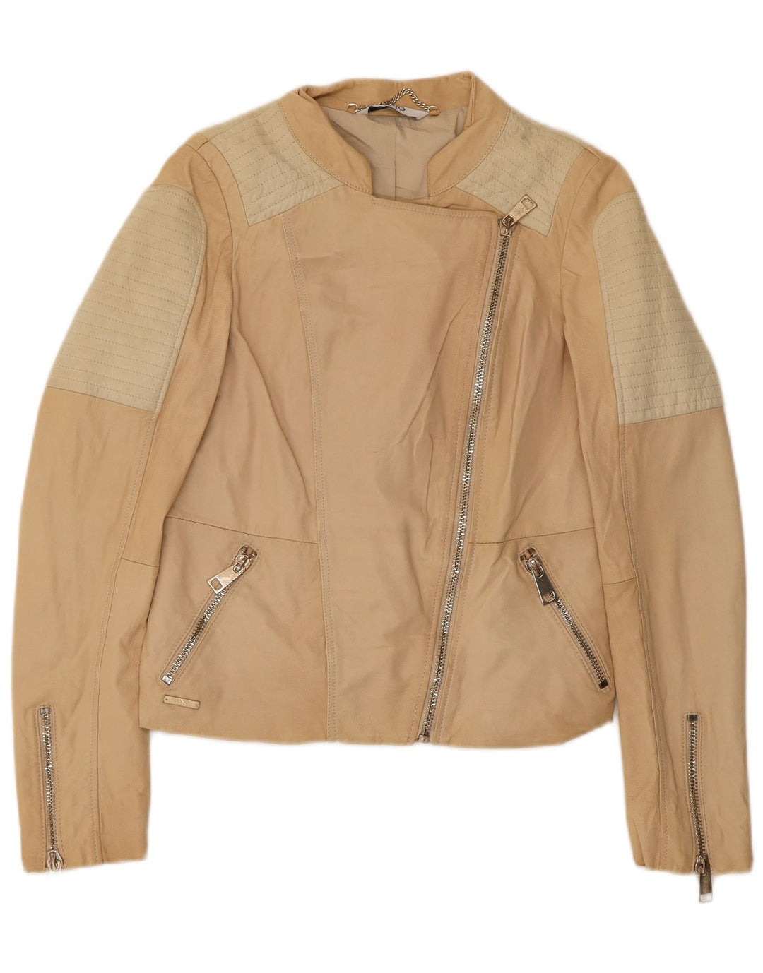 Liu Jo Damen Crop Bikerjacke IT 42 Mittelbeigefarbenes Farbblockleder