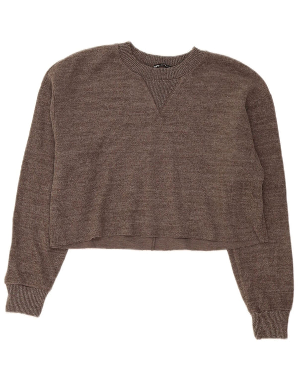 Zara Damen Crop Bluse Top UK 16 Large Graue Baumwolle