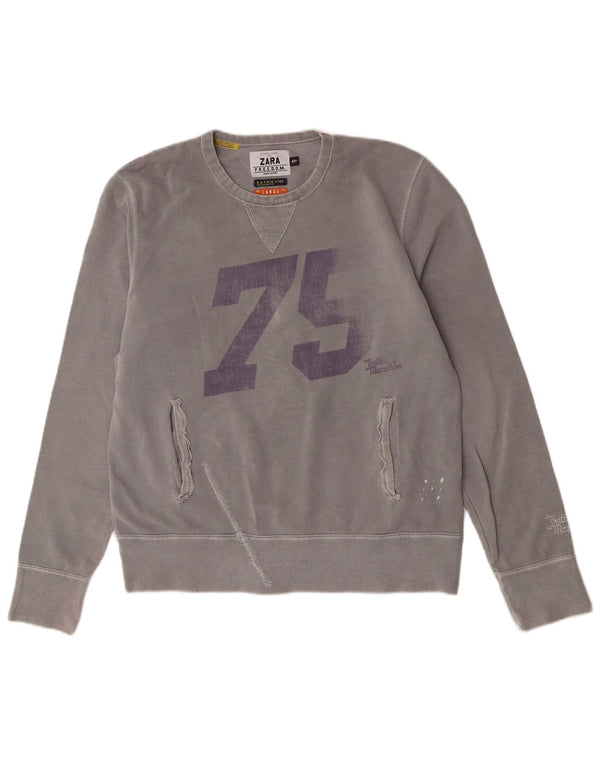 Zara Herren Grafik-Sweatshirt-Pullover, große graue Baumwolle
