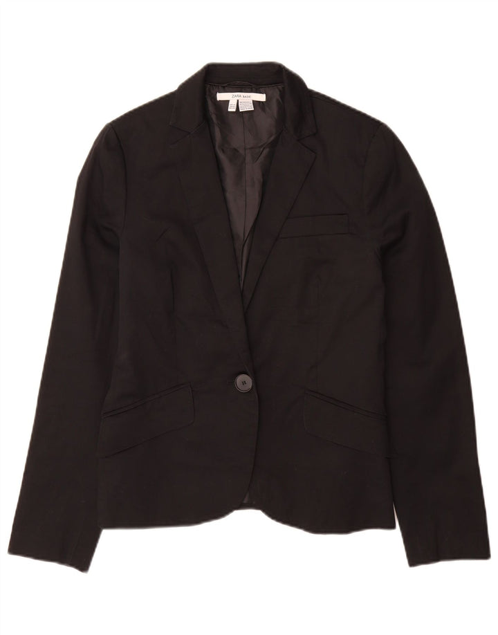 Zara Damen 1-Knopf-Blazerjacke UK 12 Mittelschwarze Baumwolle