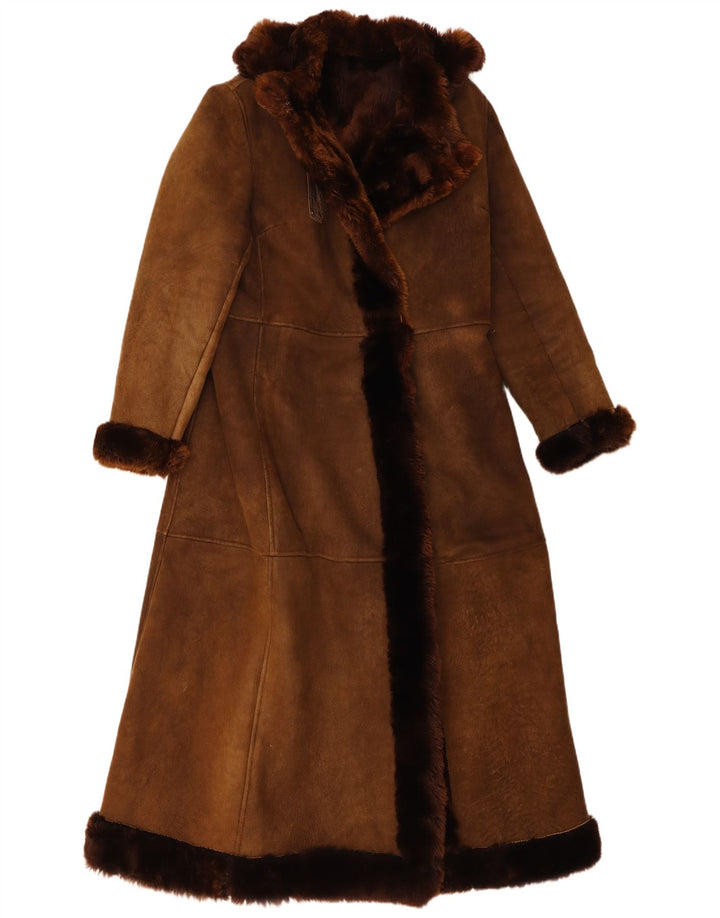 Vintage Damen Kapuzen-Shearling-Mantel UK 8 Small Brown