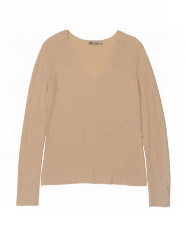 Zara Damen Top Langarm UK 10 Small Beige Viskose