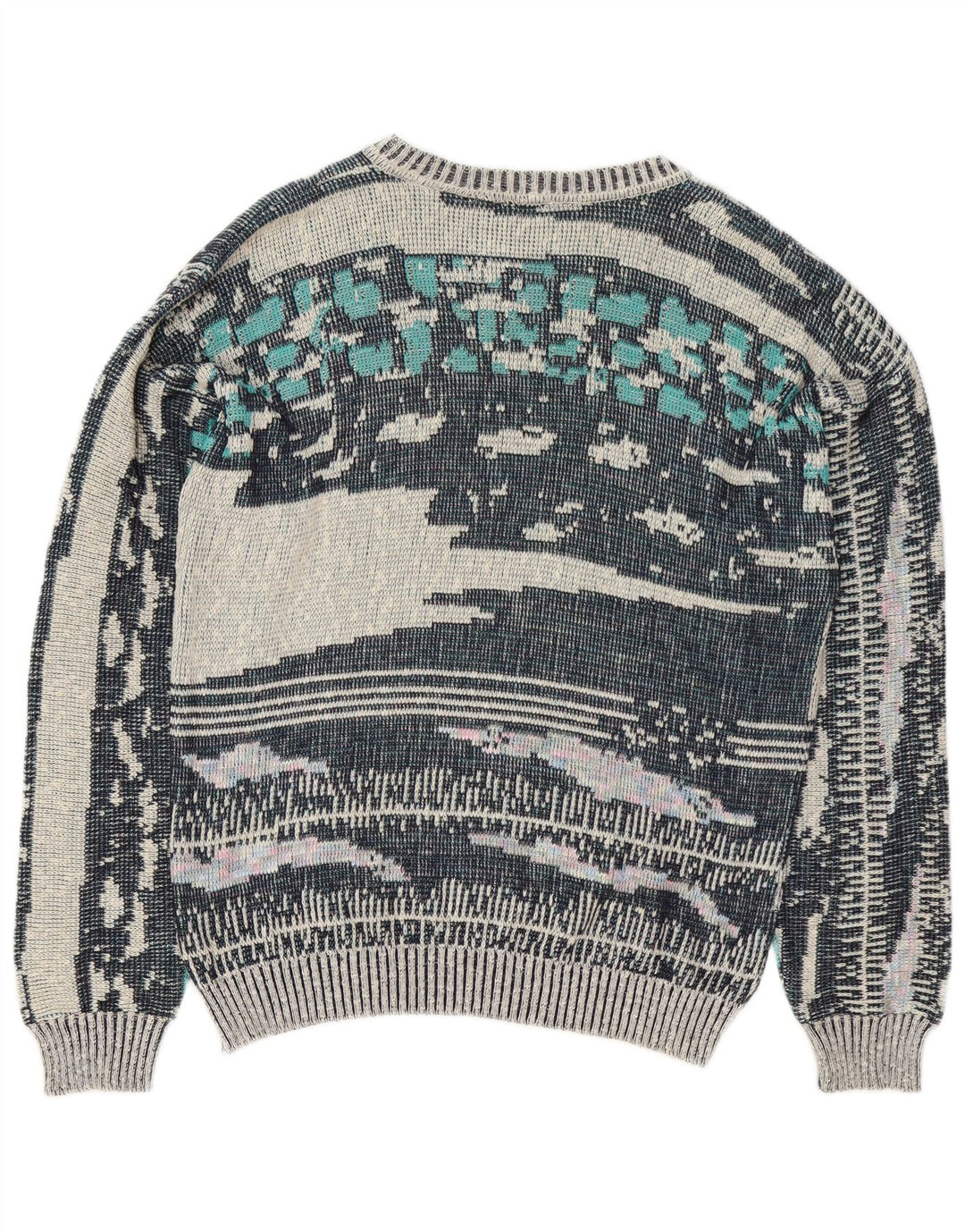 Vintage Herren Pullover mit abstraktem Muster und Rundhalsausschnitt in Mittelblau