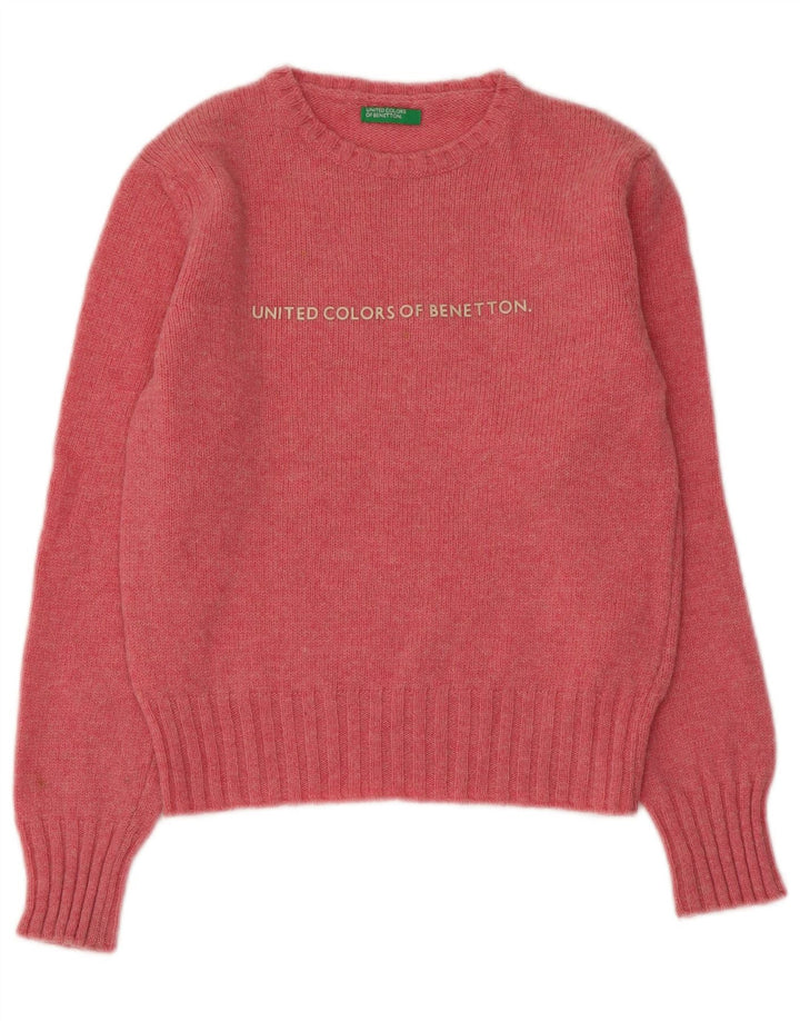 BENETTON Damen-Pullover mit bauchfreiem Grafikmuster und U-Boot-Ausschnitt, Gr. 8, Rosa