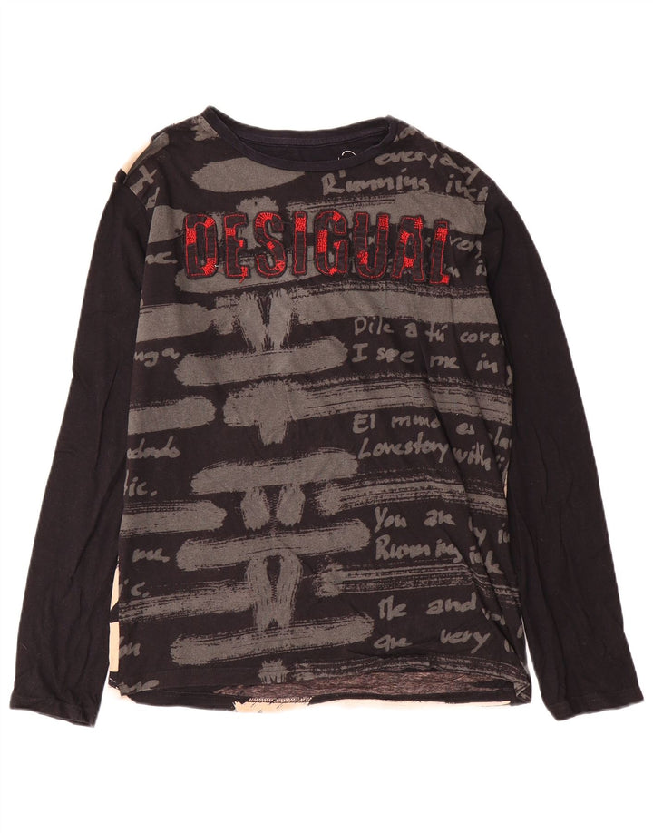 Desigual Herren Grafik-Oberteil, langärmelig, mittelschwarz, Baumwolle