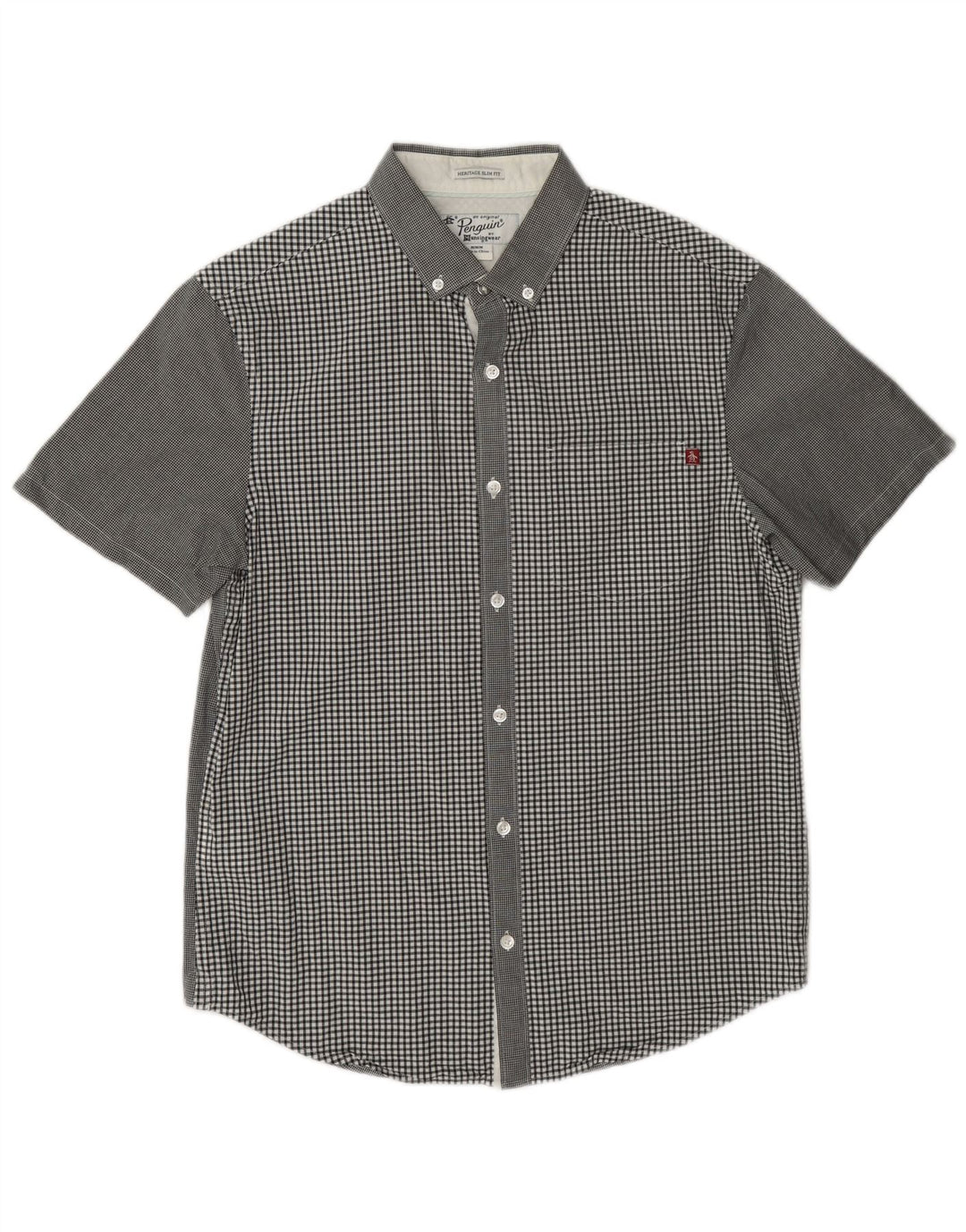 Penguin Herren Heritage Kurzarmhemd aus mittelgrauer Gingham-Baumwolle
