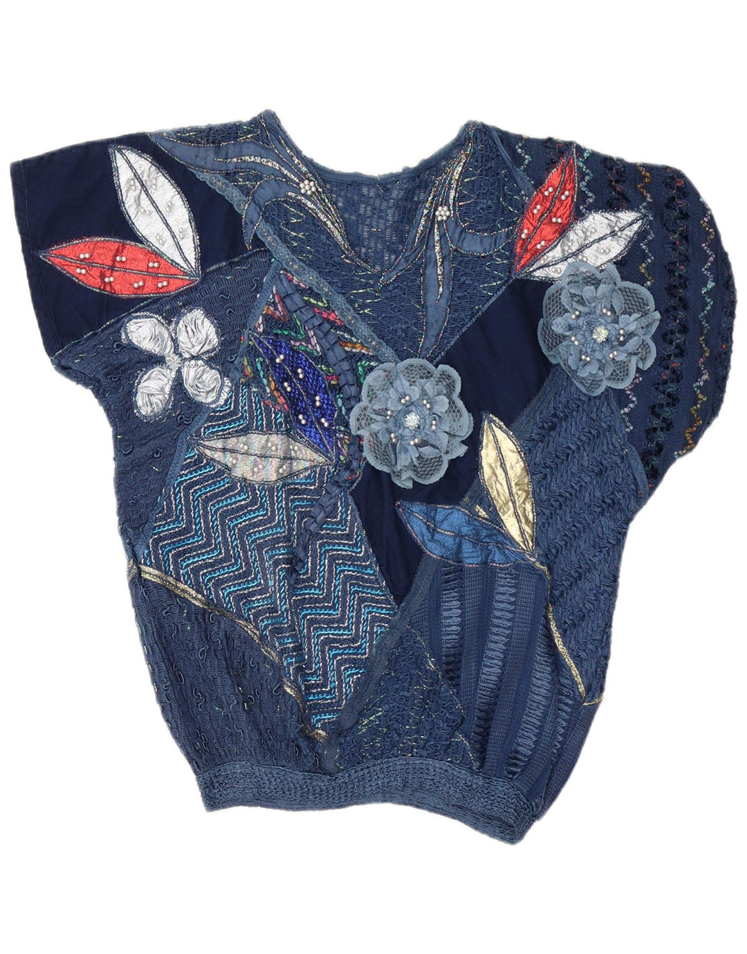 Vintage Damen Bluse Top UK 16 Großes marineblaues Patchwork